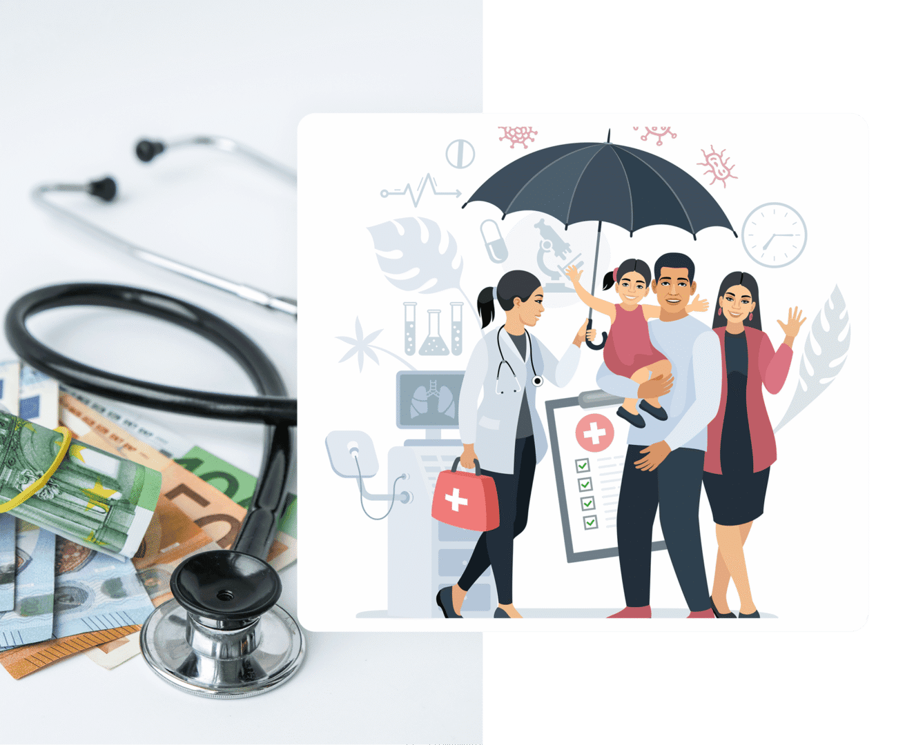 A stethoscope on a medical bill with an illustration of health insurance.