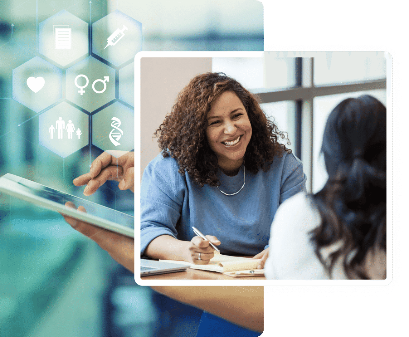 Smiling woman consulting with client, medical icons